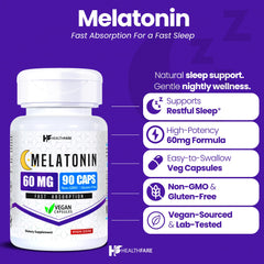 Healthfare Melatonin 60mg bottle label close-up highlighting clean, high-strength formula.