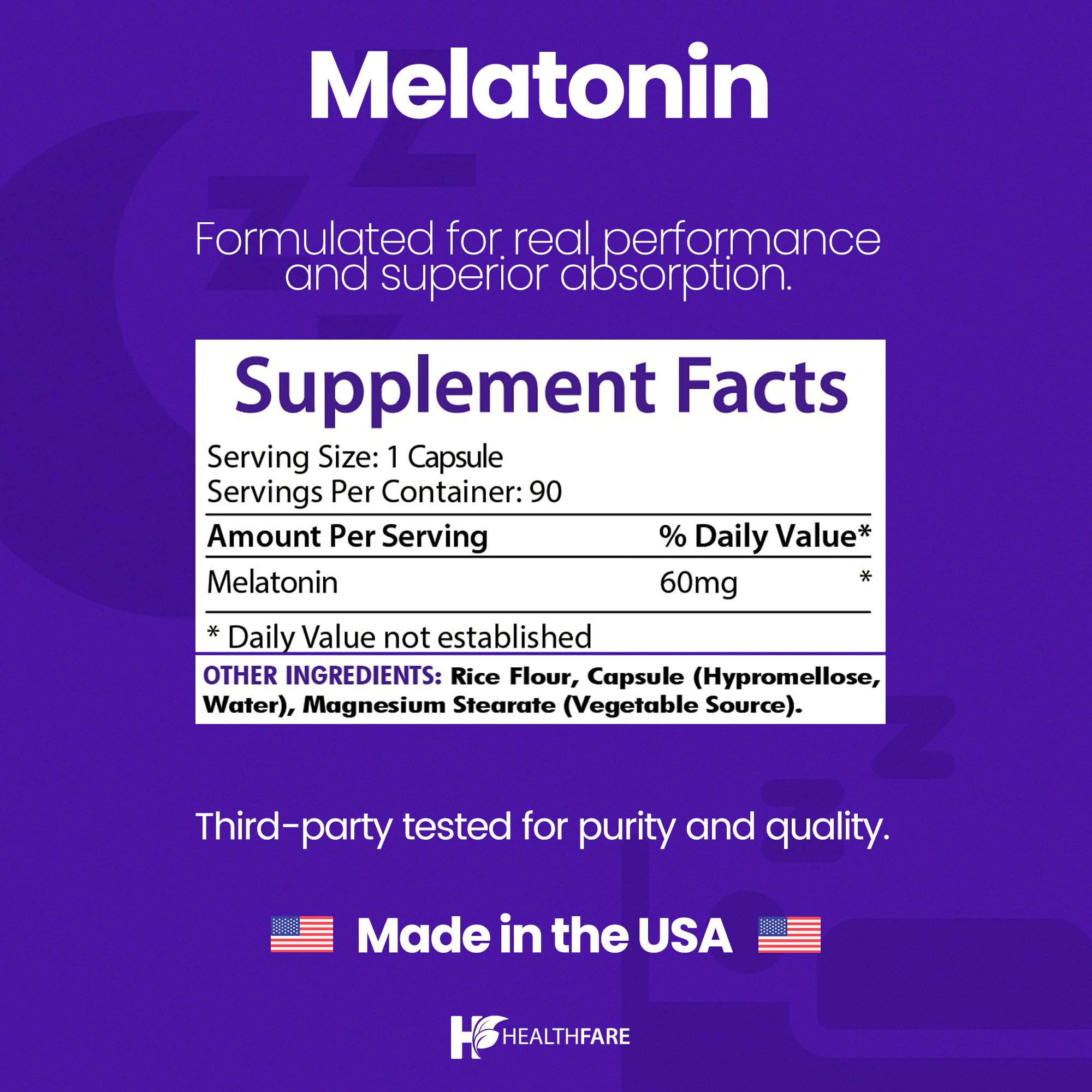 Healthfare Melatonin 60mg capsules close-up emphasizing vegetarian capsule form.