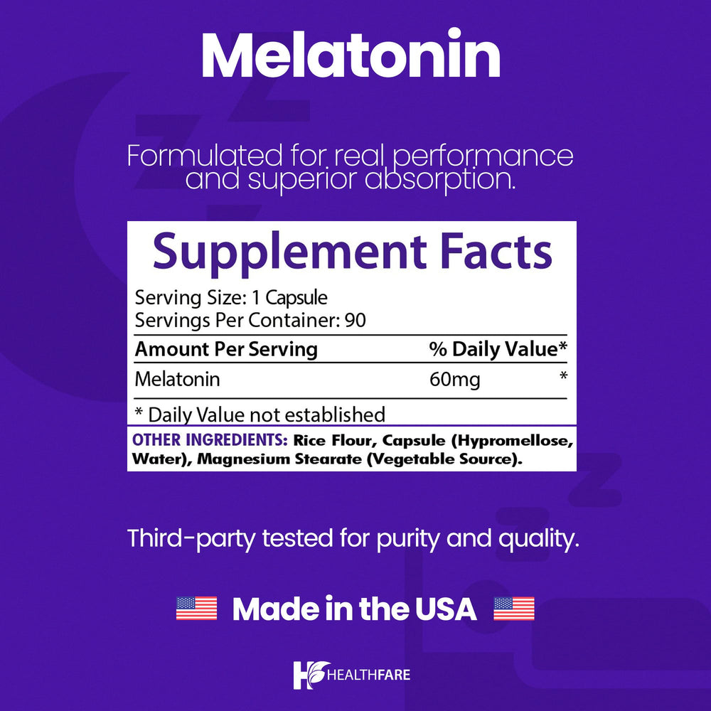 Healthfare Melatonin 60mg capsules close-up emphasizing vegetarian capsule form.