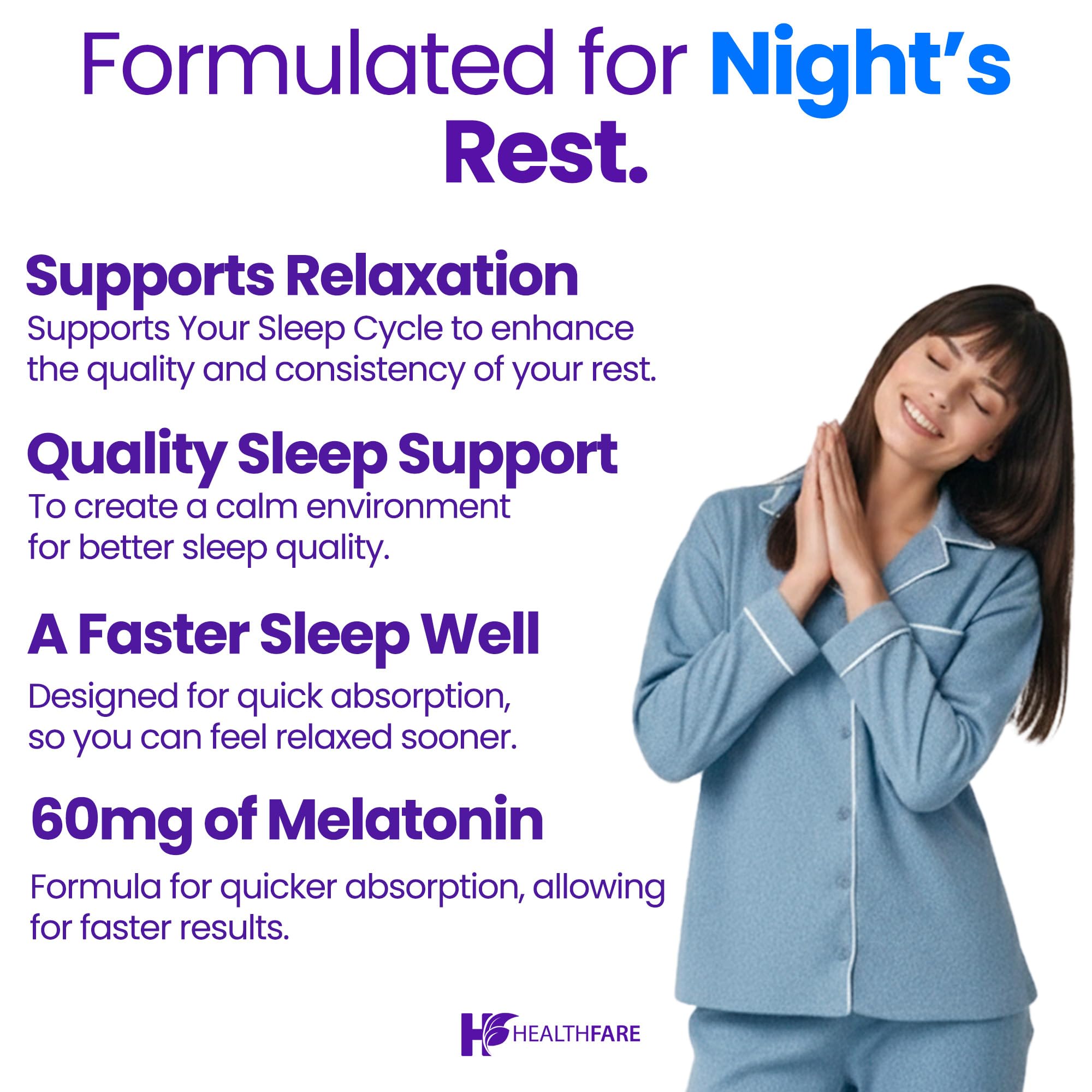 Healthfare Melatonin 60mg ingredients packaging showing gluten-free and non-GMO labels.
