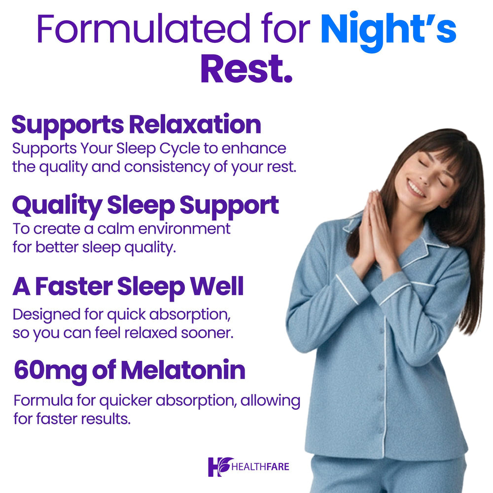 Healthfare Melatonin 60mg ingredients packaging showing gluten-free and non-GMO labels.