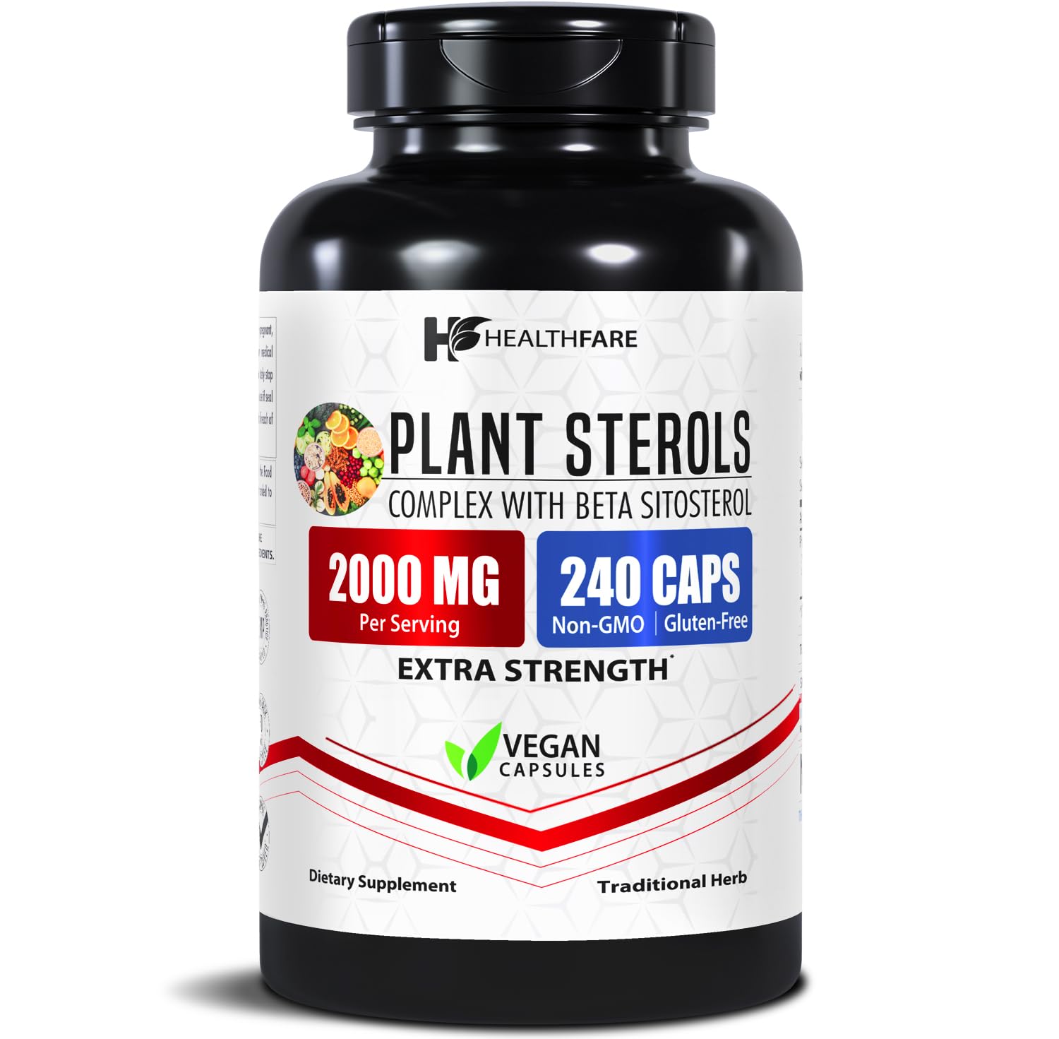 Healthfare Plant Sterols Capsules bottle on white surface showing high-potency 2000mg dose.