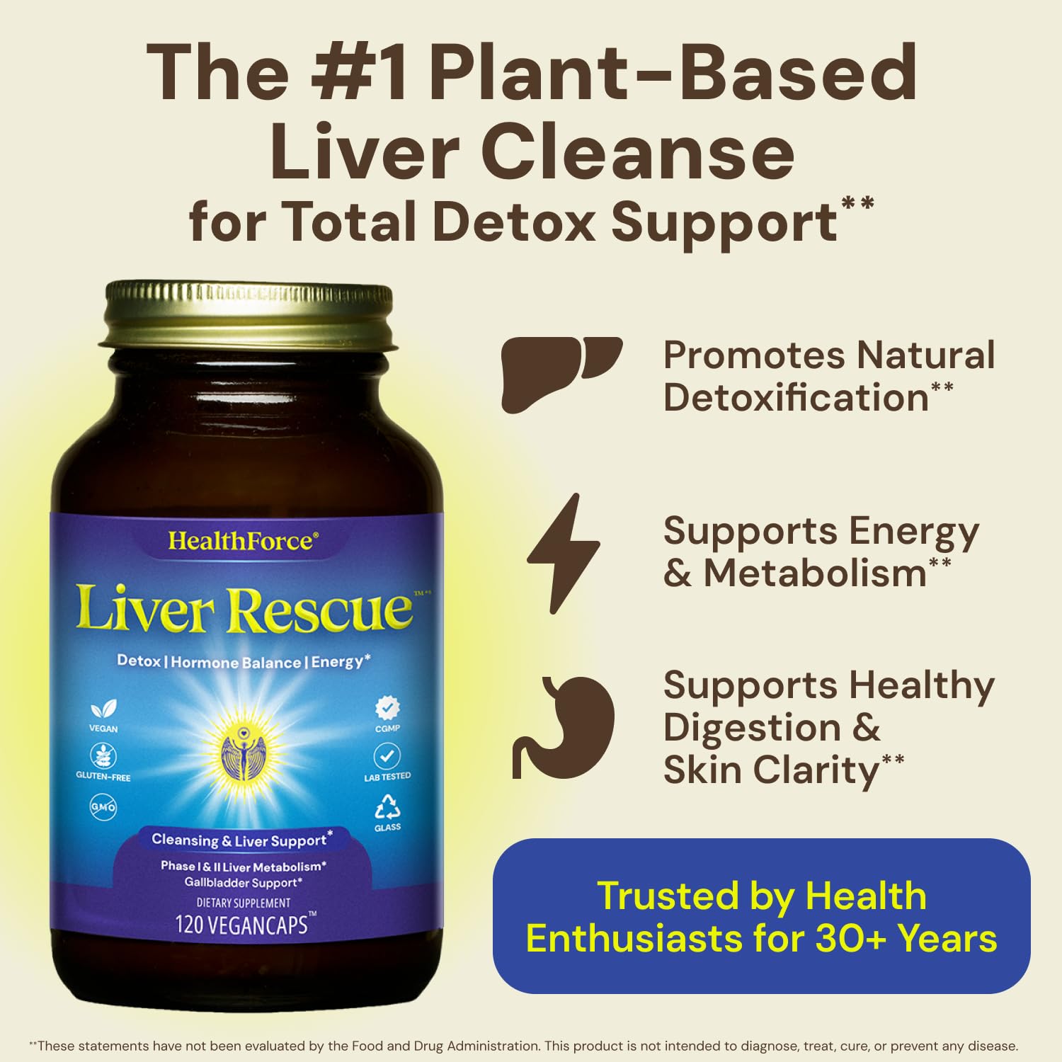 Close-up of HealthForce Liver Rescue capsules highlighting vegan, gluten-free formula