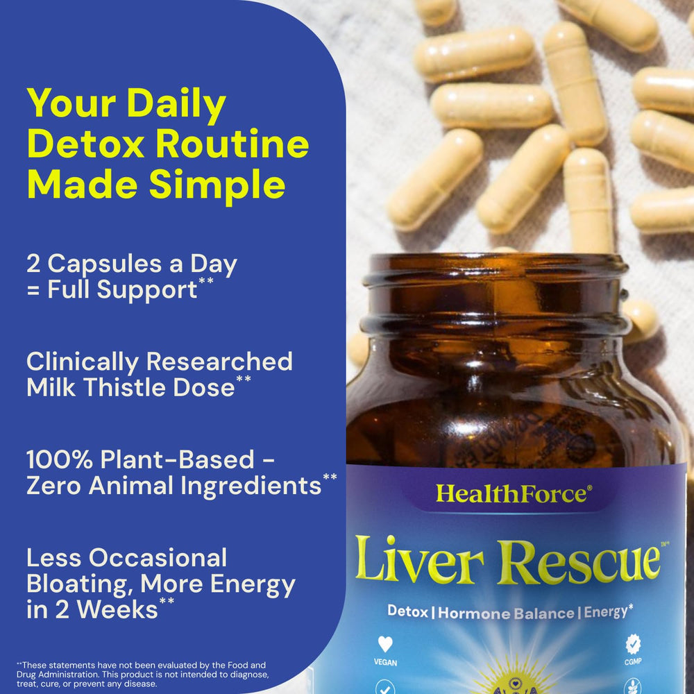 Pouring HealthForce Liver Rescue capsules demonstrates easy daily intake