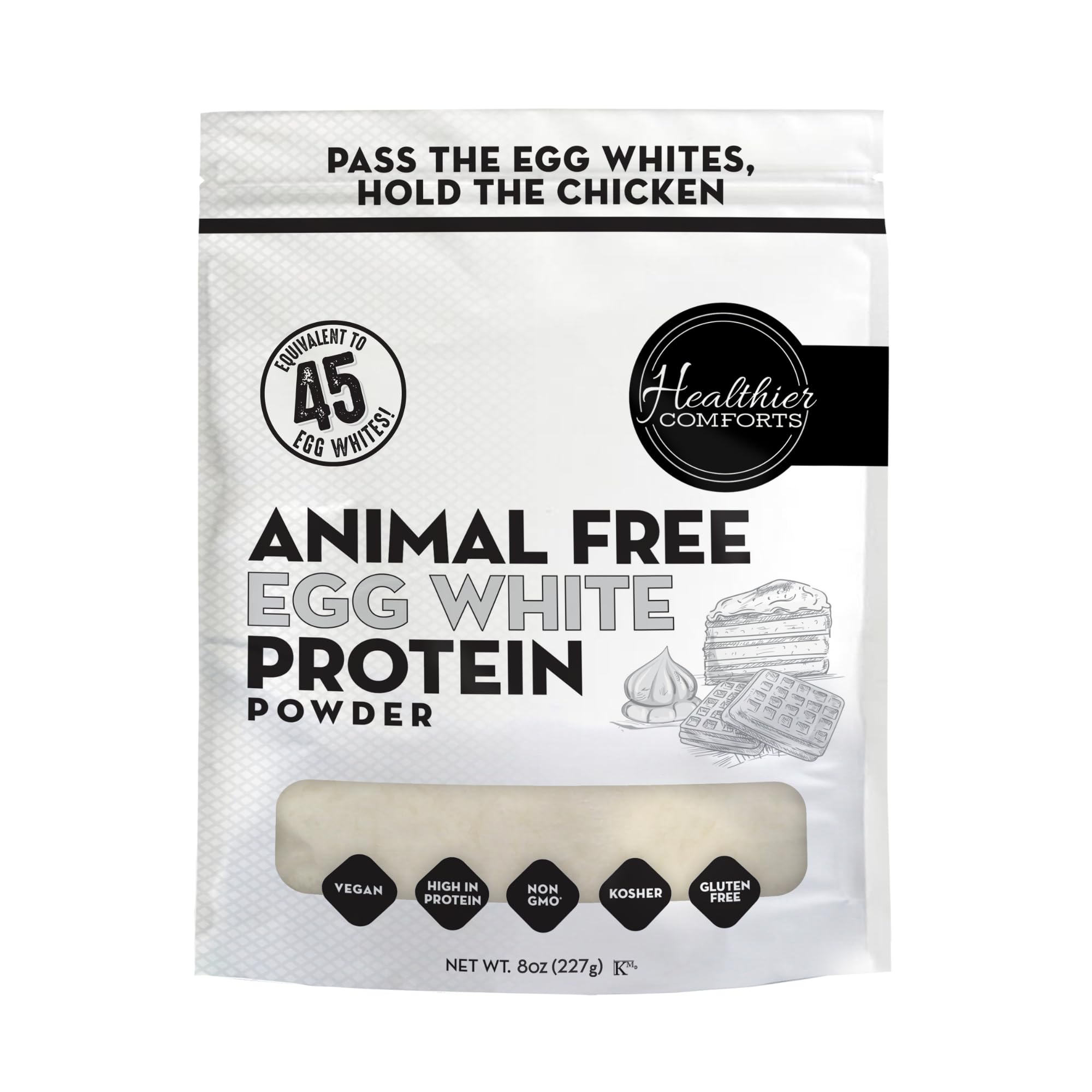 Healthier Comforts animal-free egg white powder bottle on shelf, convenient protein option for baking