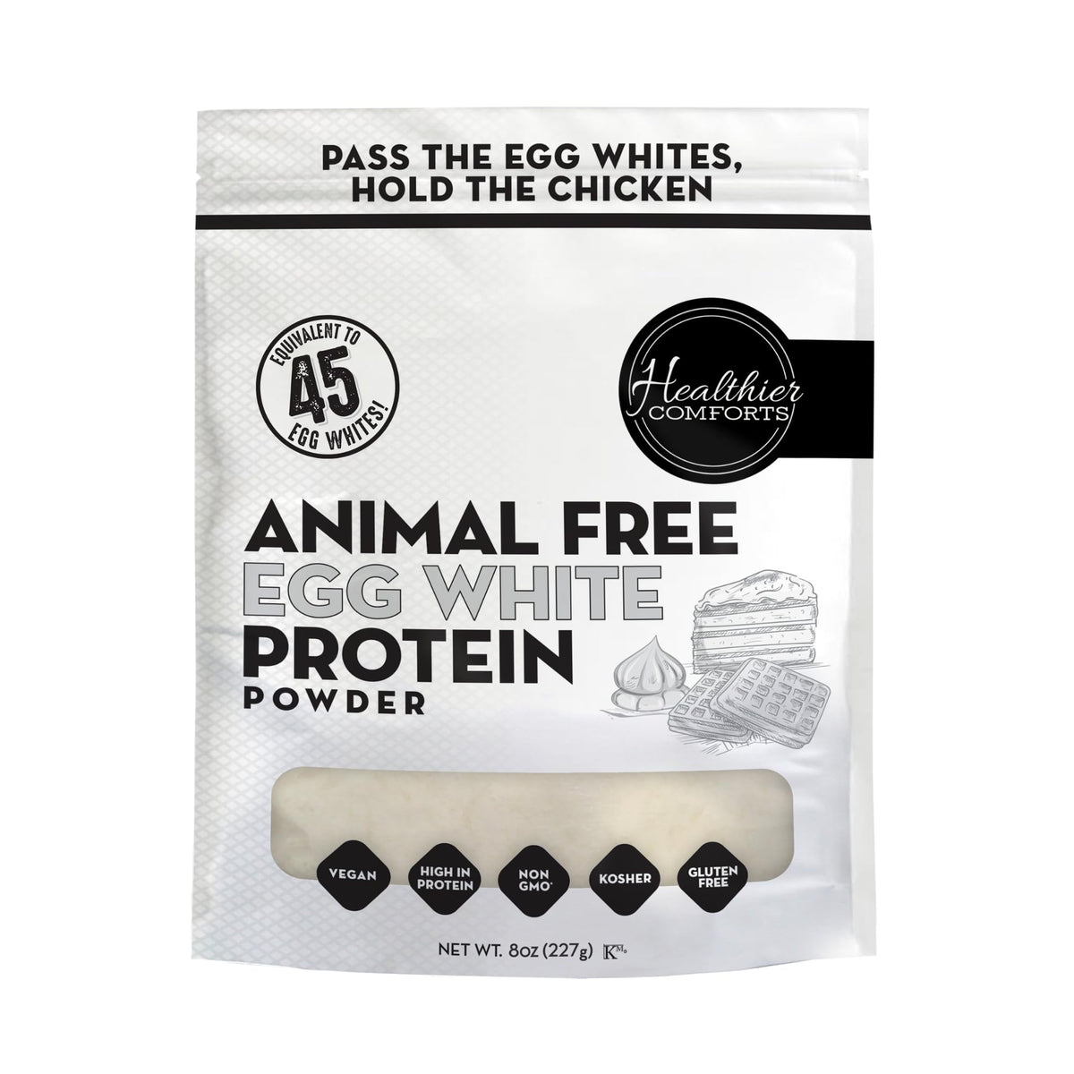 Healthier Comforts animal-free egg white powder bottle on shelf, convenient protein option for baking