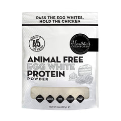 Healthier Comforts animal-free egg white powder bottle on shelf, convenient protein option for baking