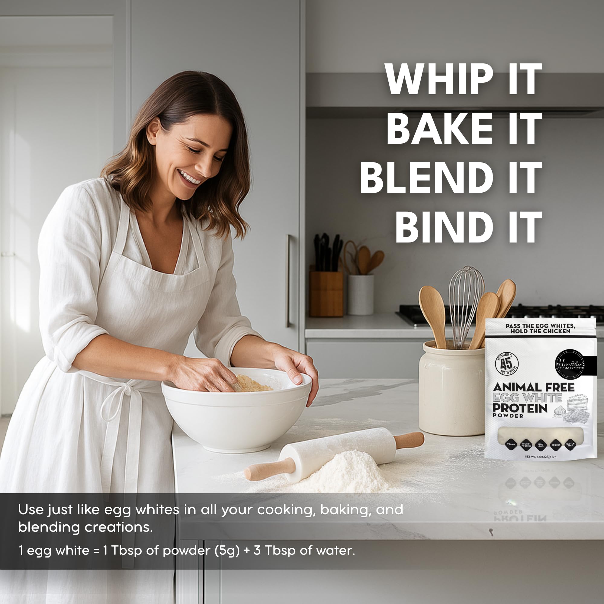Healthier Comforts egg white powder whipped into light, egg-like meringue