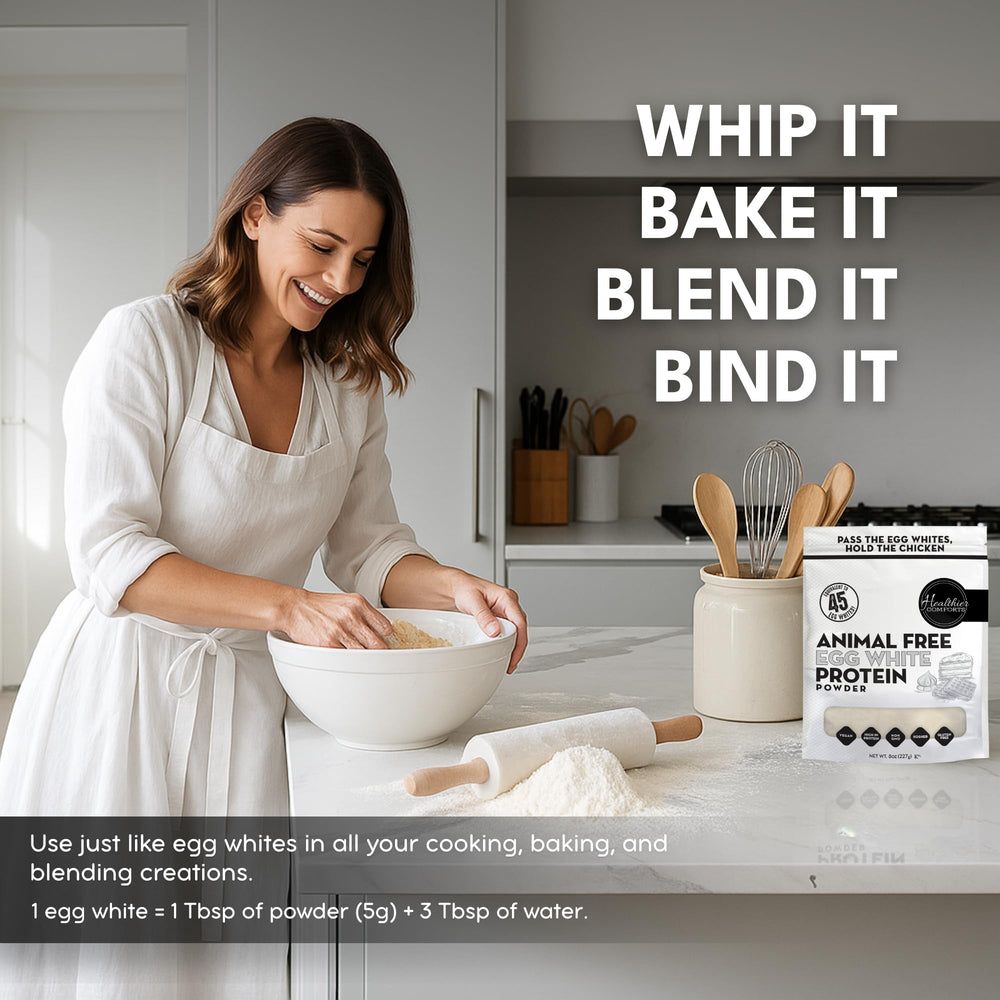 Healthier Comforts egg white powder whipped into light, egg-like meringue