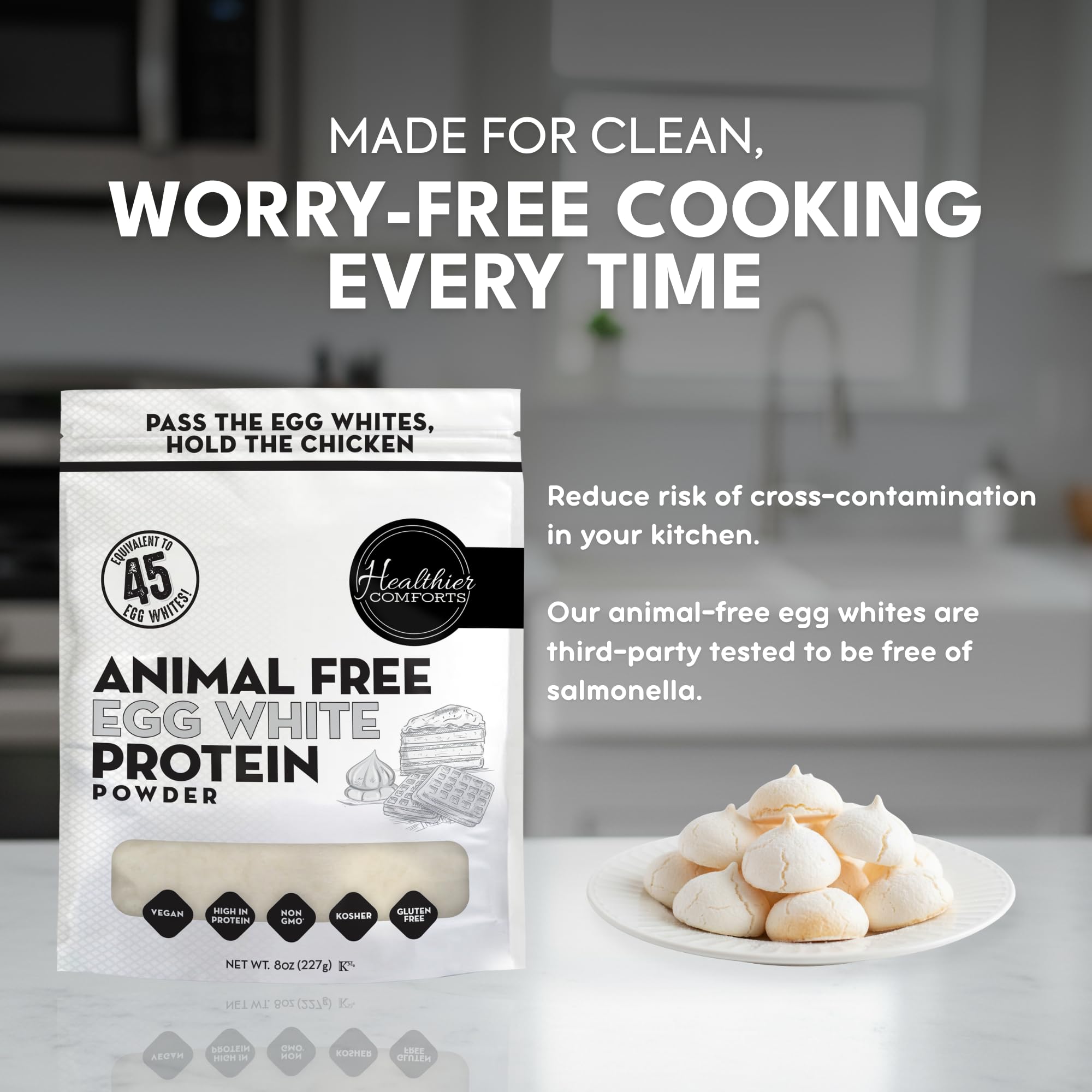 Healthier Comforts powder on pantry shelf, non-GMO and dairy-free