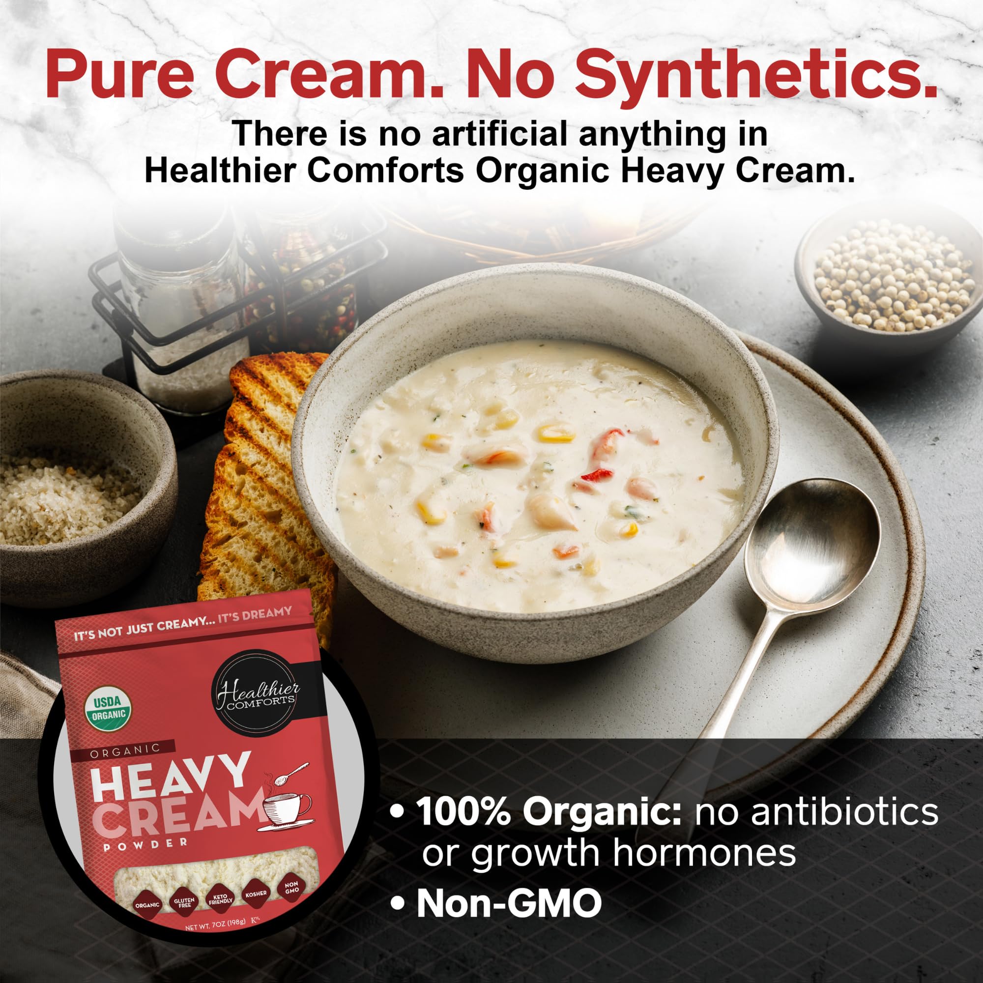 Healthier Comforts heavy cream powder poured into coffee as keto-friendly creamer