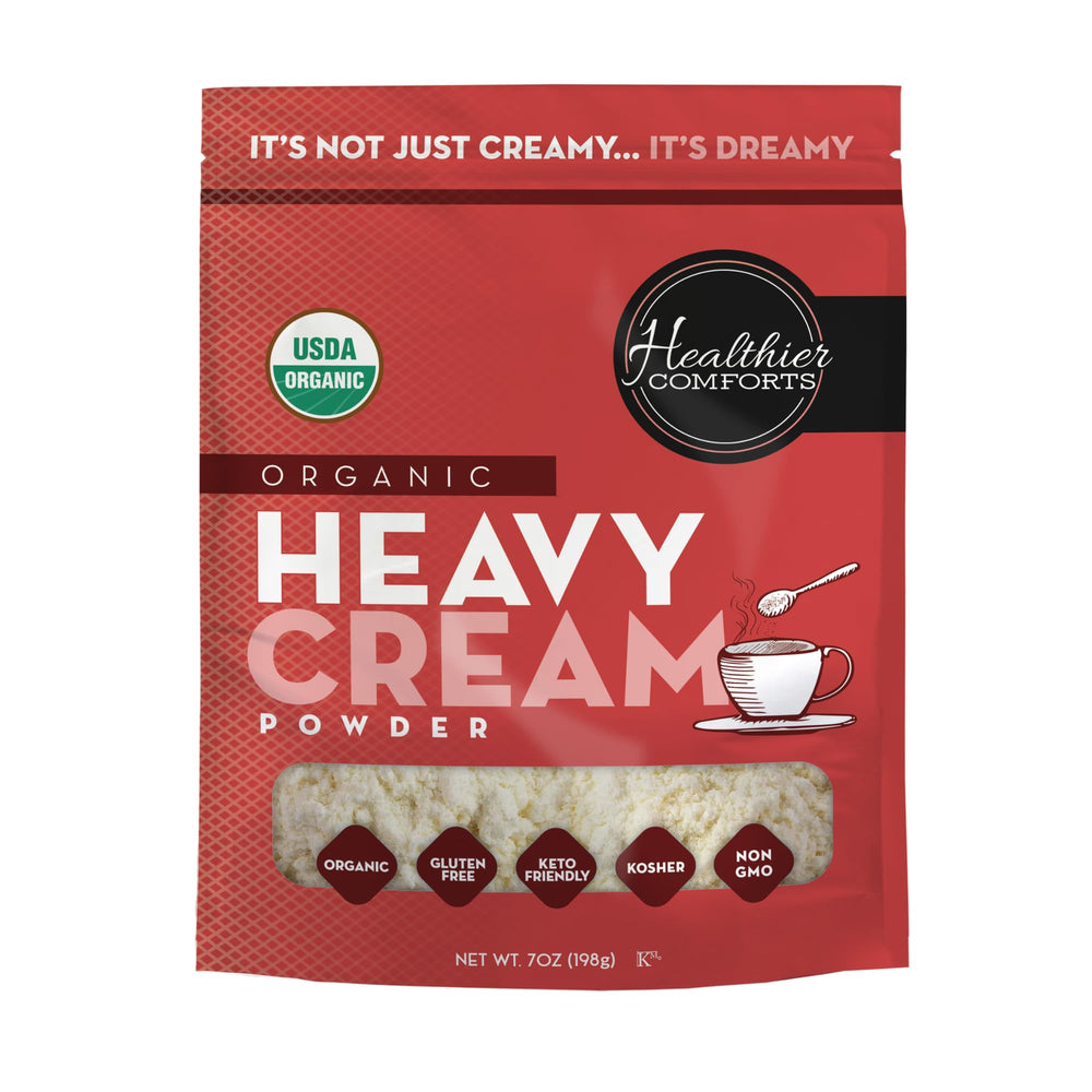 Healthier Comforts heavy cream powder packaging with organic certification and versatility