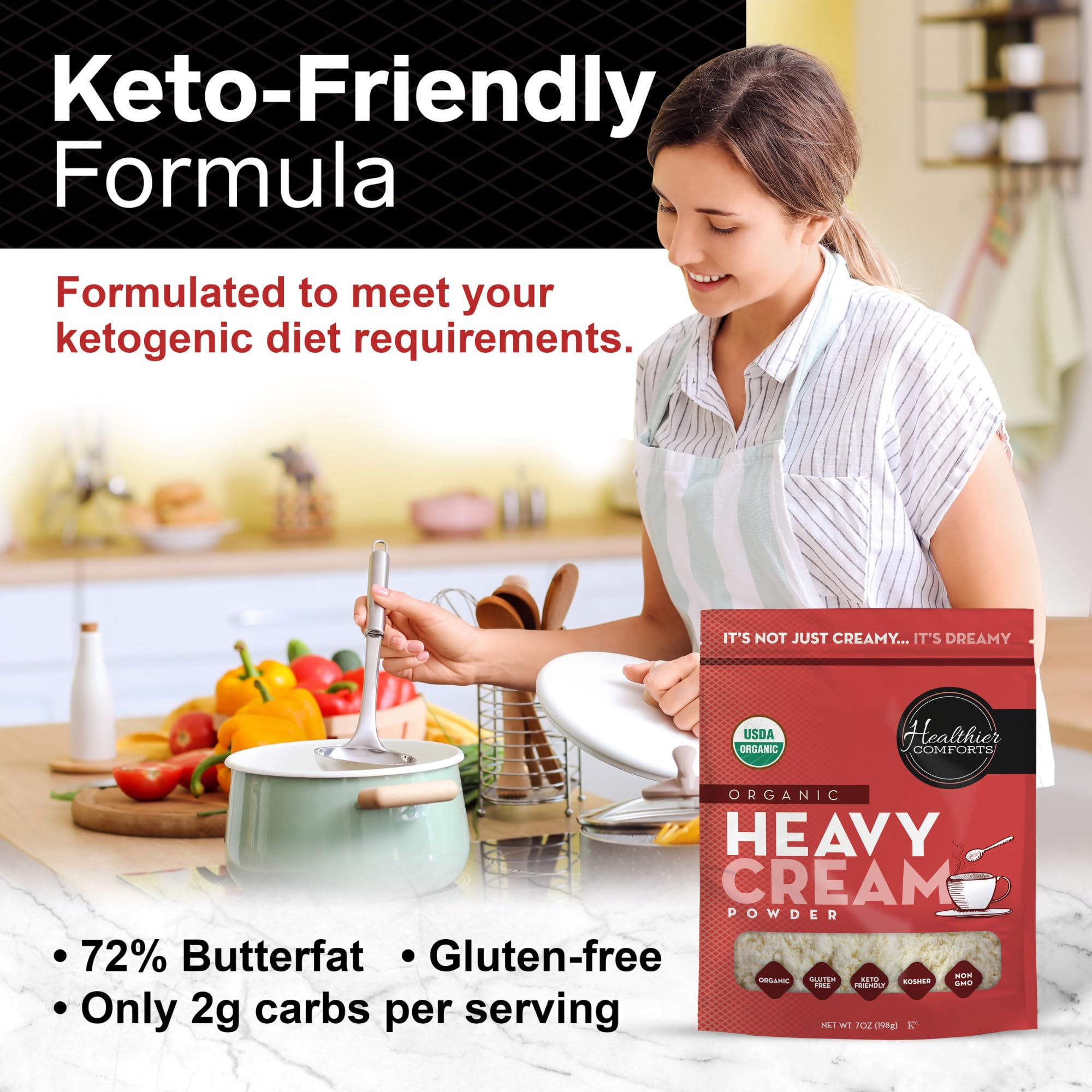 Healthier Comforts heavy cream powder adds richness to pasta sauce