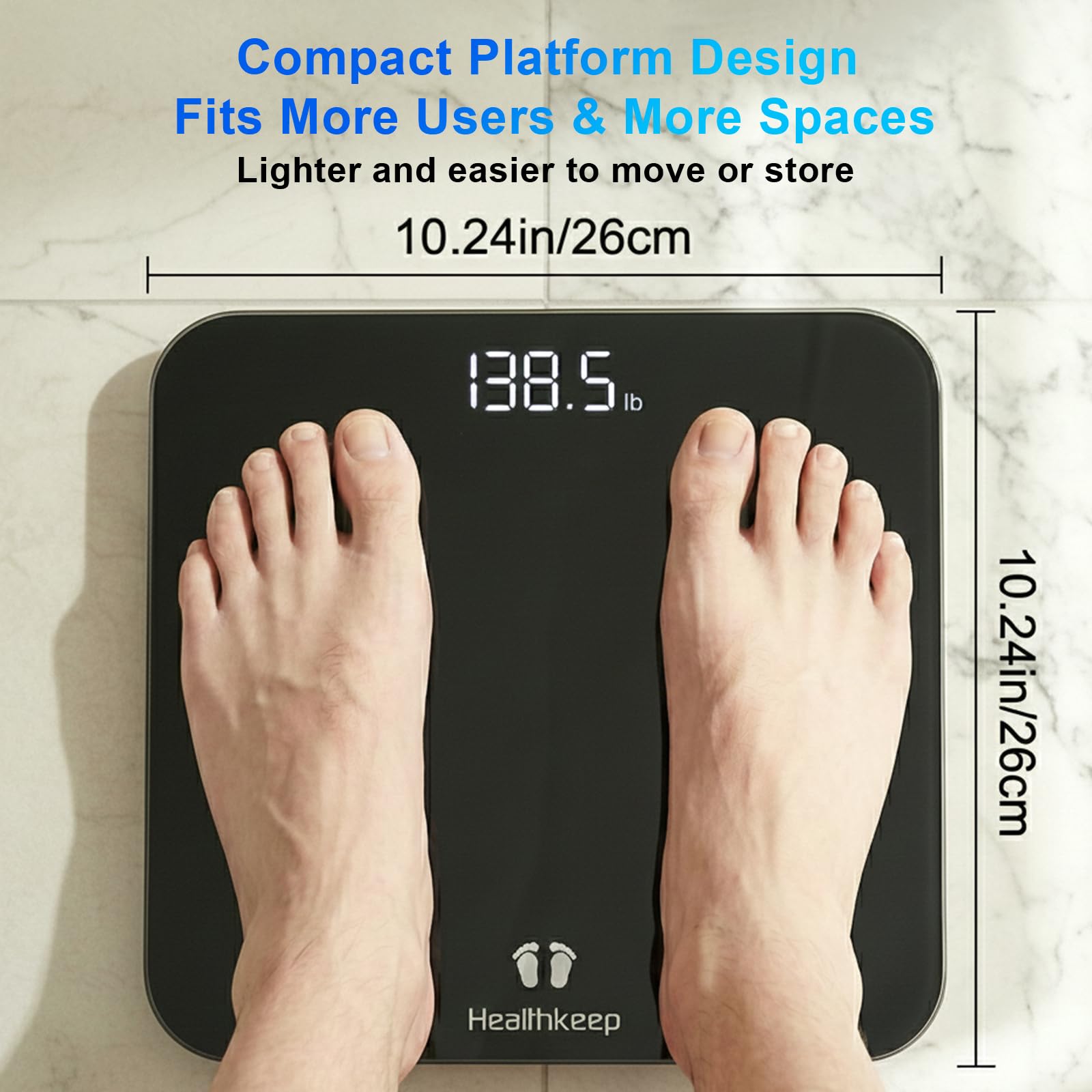 Healthkeep digital bathroom scale footprint compact saves space in small bathrooms.