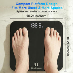 Healthkeep digital bathroom scale footprint compact saves space in small bathrooms.