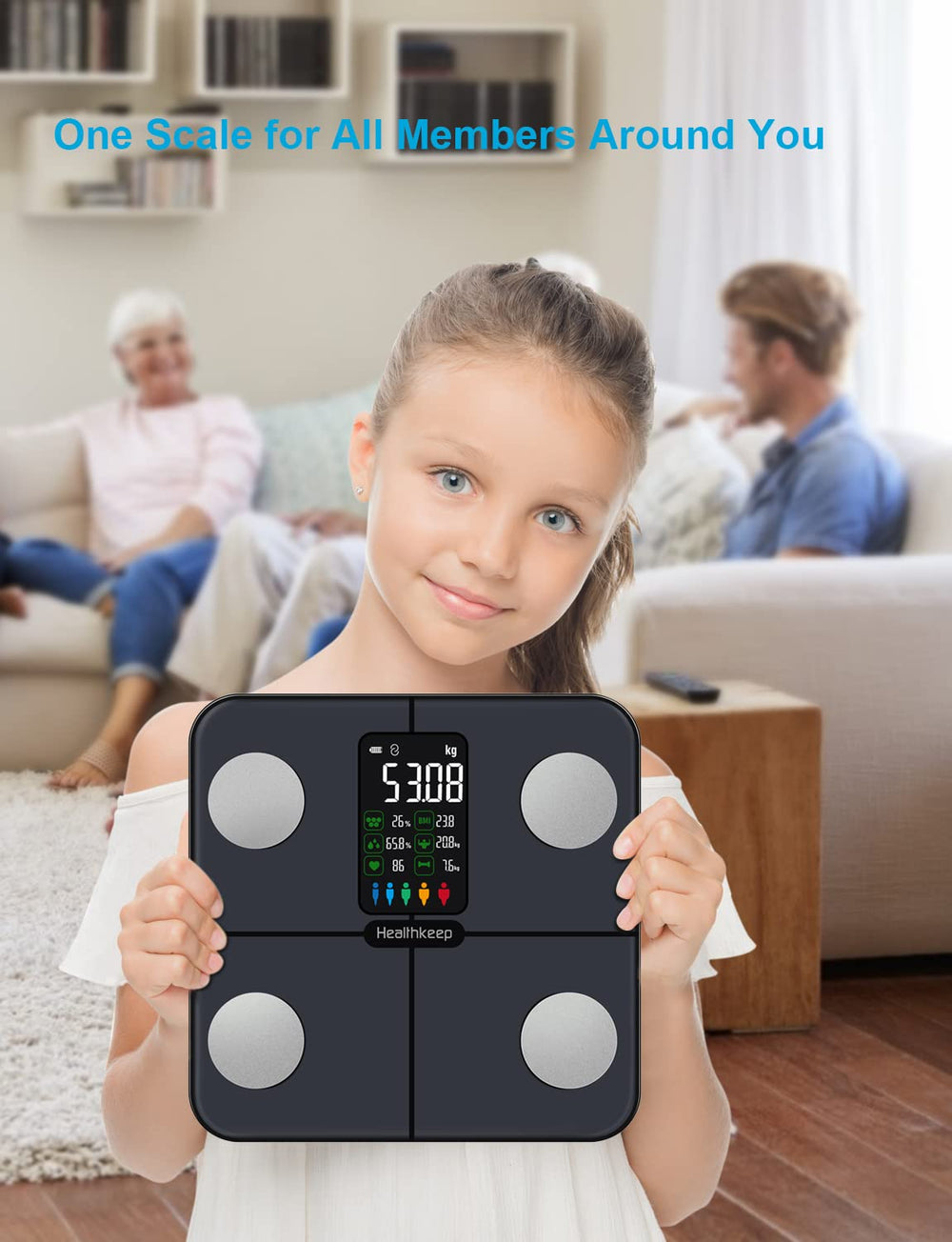 Healthkeep Smart Scale on bathroom floor highlights precise 4-sensor measurements.