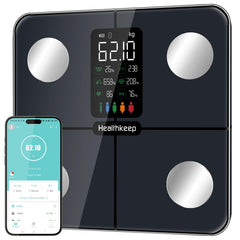 Healthkeep Smart Scale with a large VA display showing weight and metrics.