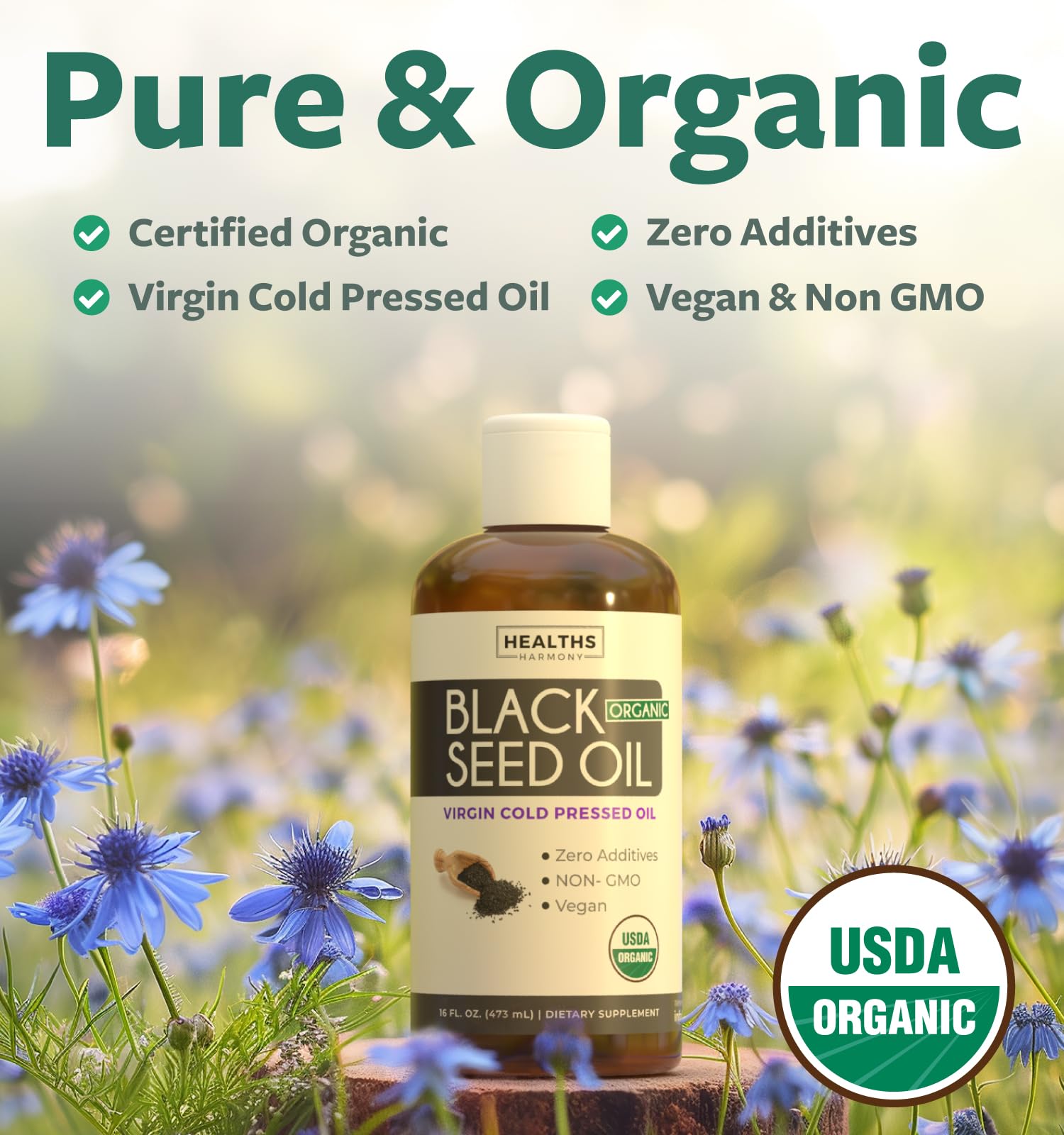 Healths Harmony black seed oil liquid pour for easy dosing.