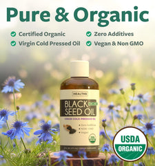 Healths Harmony black seed oil liquid pour for easy dosing.