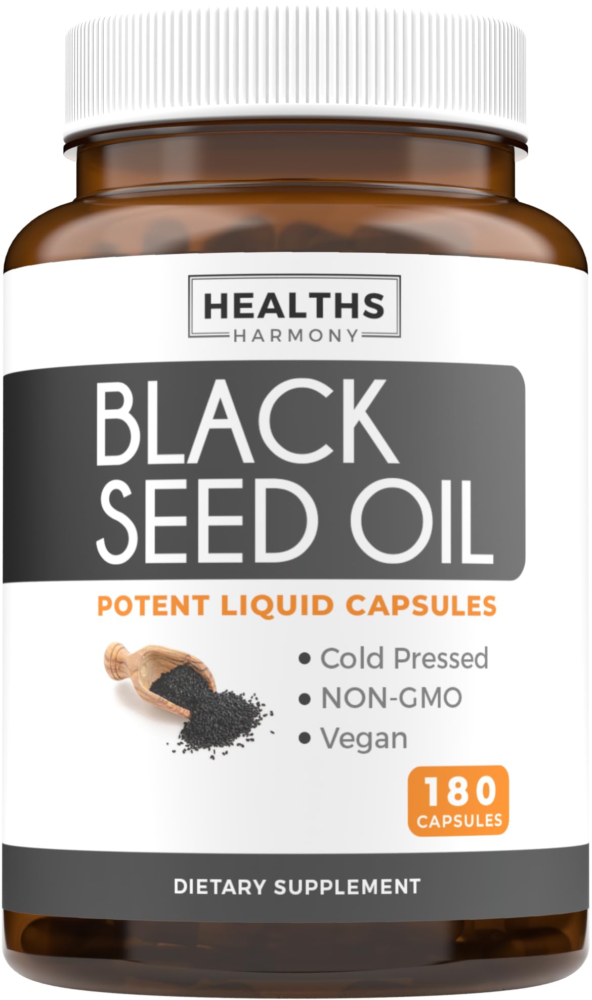 Healths Harmony black seed oil softgel bottle boosts convenient daily wellness.