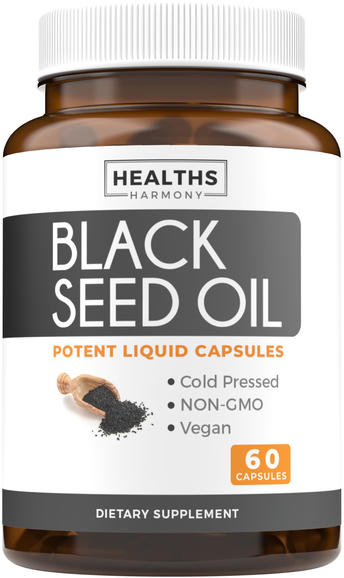 Healths Harmony Black Seed Oil softgels bottle for convenient daily use.
