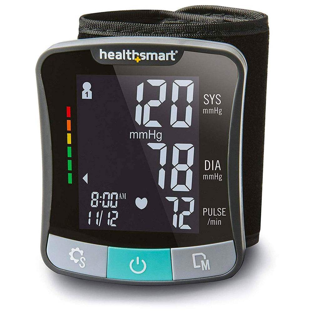 HealthSmart digital premium wrist BP monitor with clear display for at-home readings.