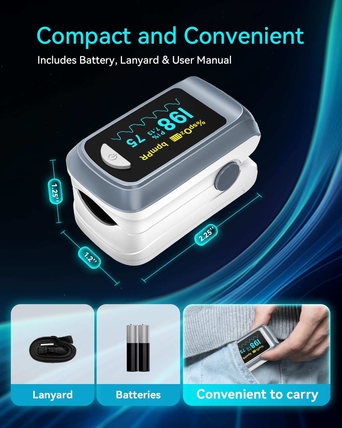 HealthTree compact oximeter fits in a pocket for on-the-go checks.