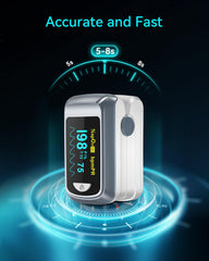 HealthTree pulse oximeter shows SpO2 and heart rate in real time for monitoring.
