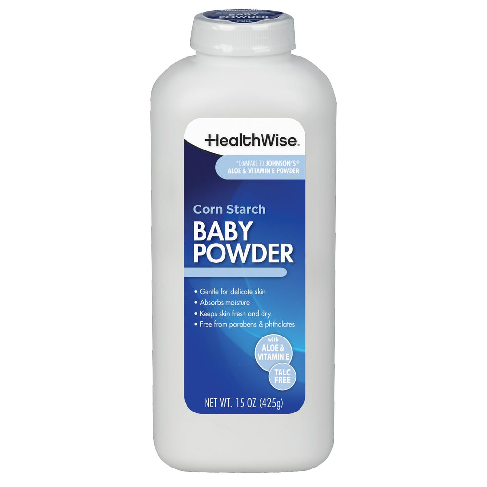HealthWise Corn Starch Baby Powder bottle top for easy application and gentle moisture control.