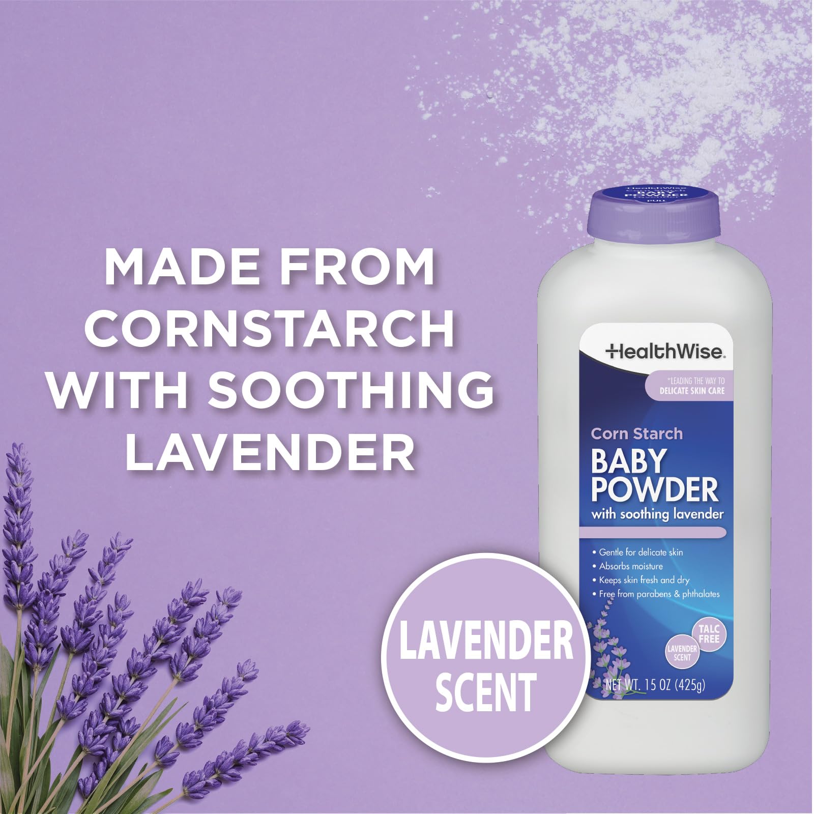 HealthWise Corn Starch Baby Powder jar closeup highlights talc-free safety