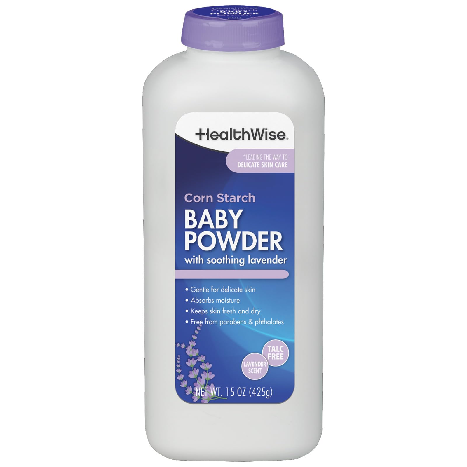 HealthWise Corn Starch Baby Powder lavender bottle demonstrates soothing daily moisture control