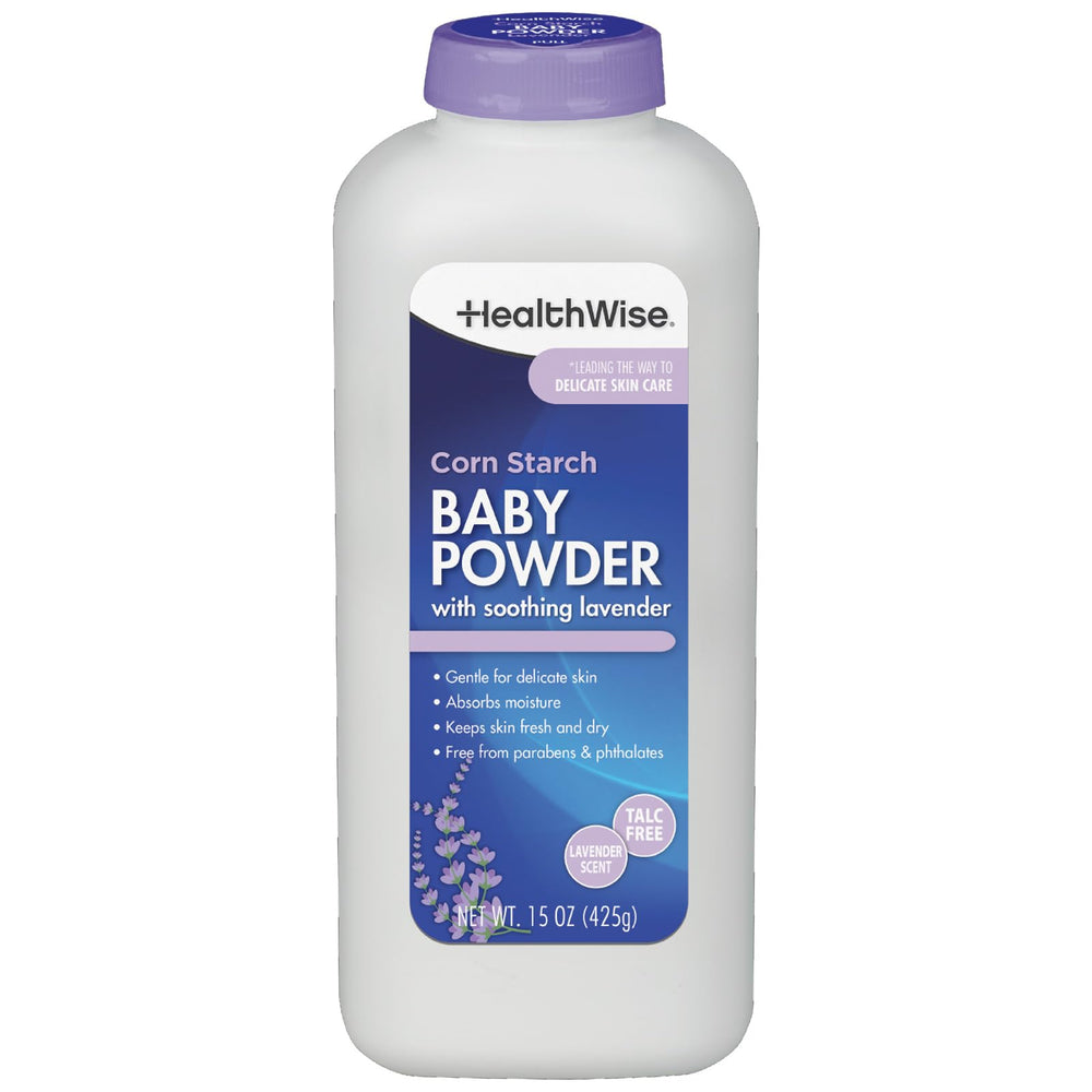 HealthWise Corn Starch Baby Powder lavender bottle demonstrates soothing daily moisture control