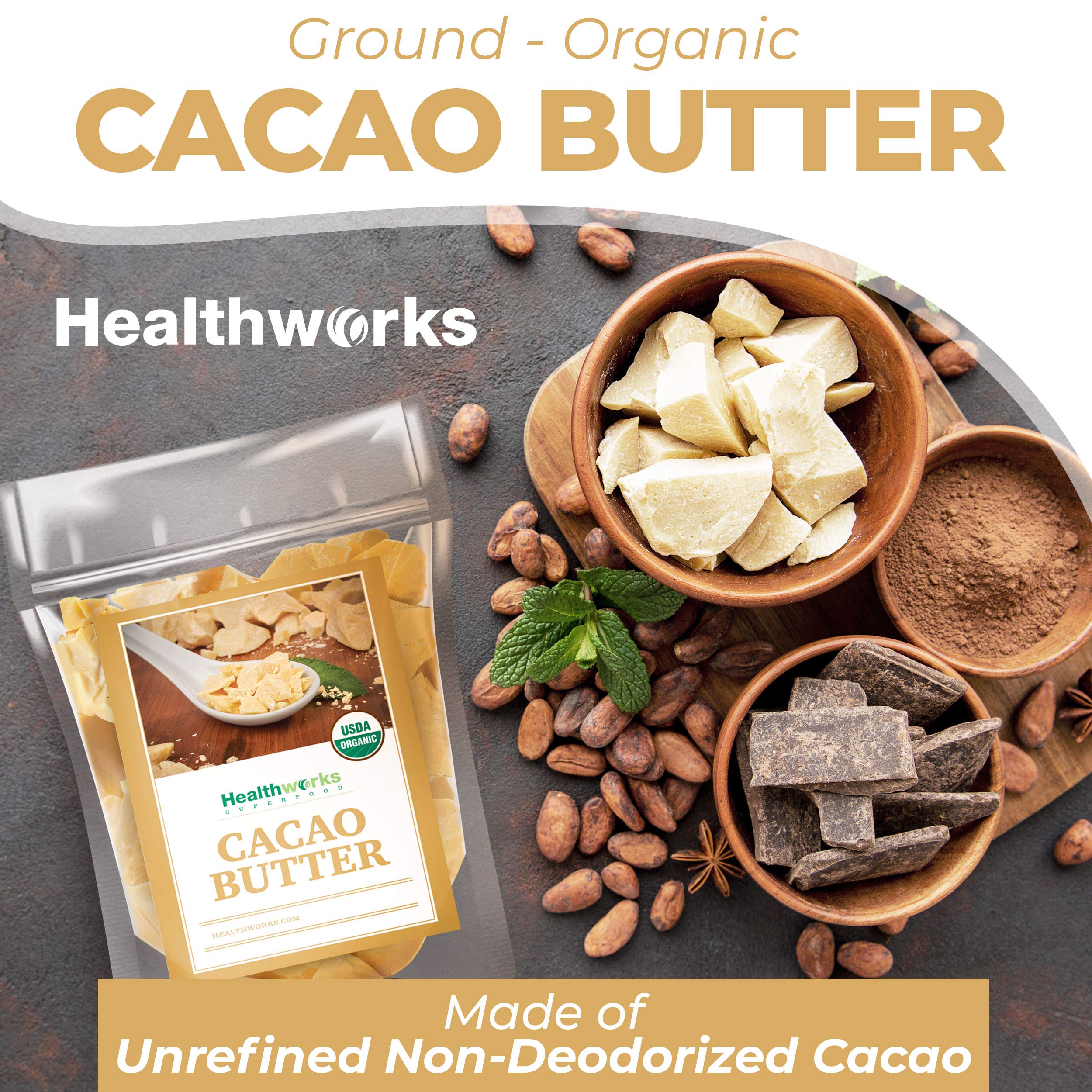 Healthworks Cacao Butter closeup texture highlights smooth, unrefined quality.