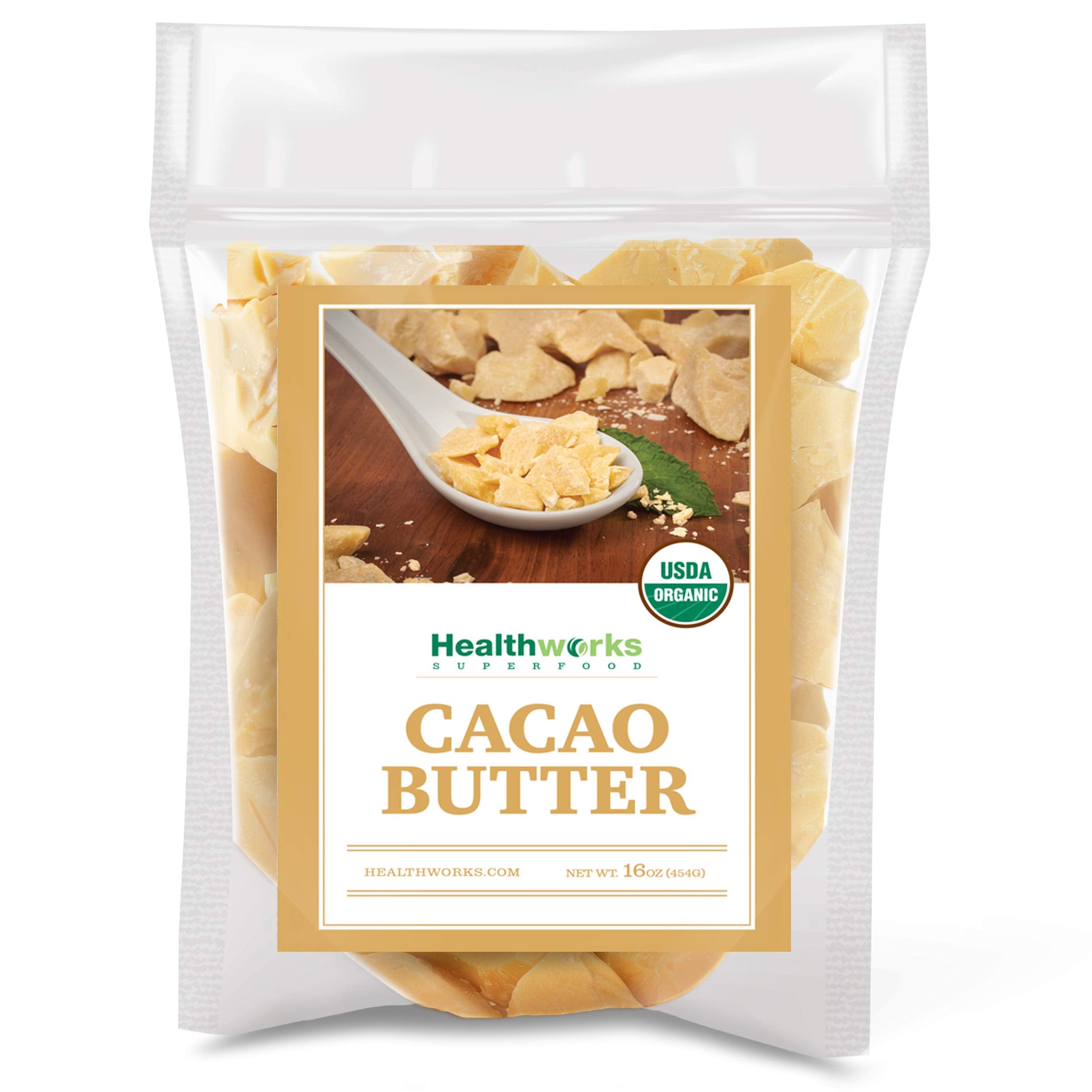 Healthworks Cacao Butter jar presents pure organic butter for desserts and skincare.