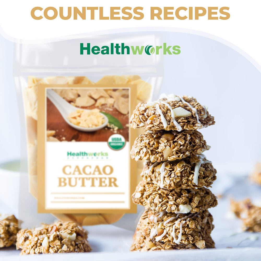 Healthworks Cacao Butter kitchen-use concept with bowls illustrates versatility.