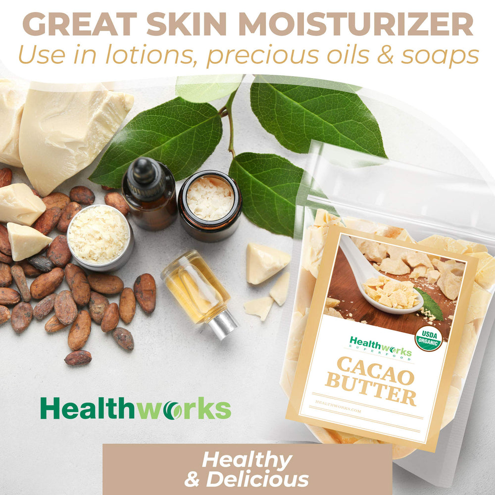 Healthworks Cacao Butter nutrition panel features antioxidants and healthy fats.