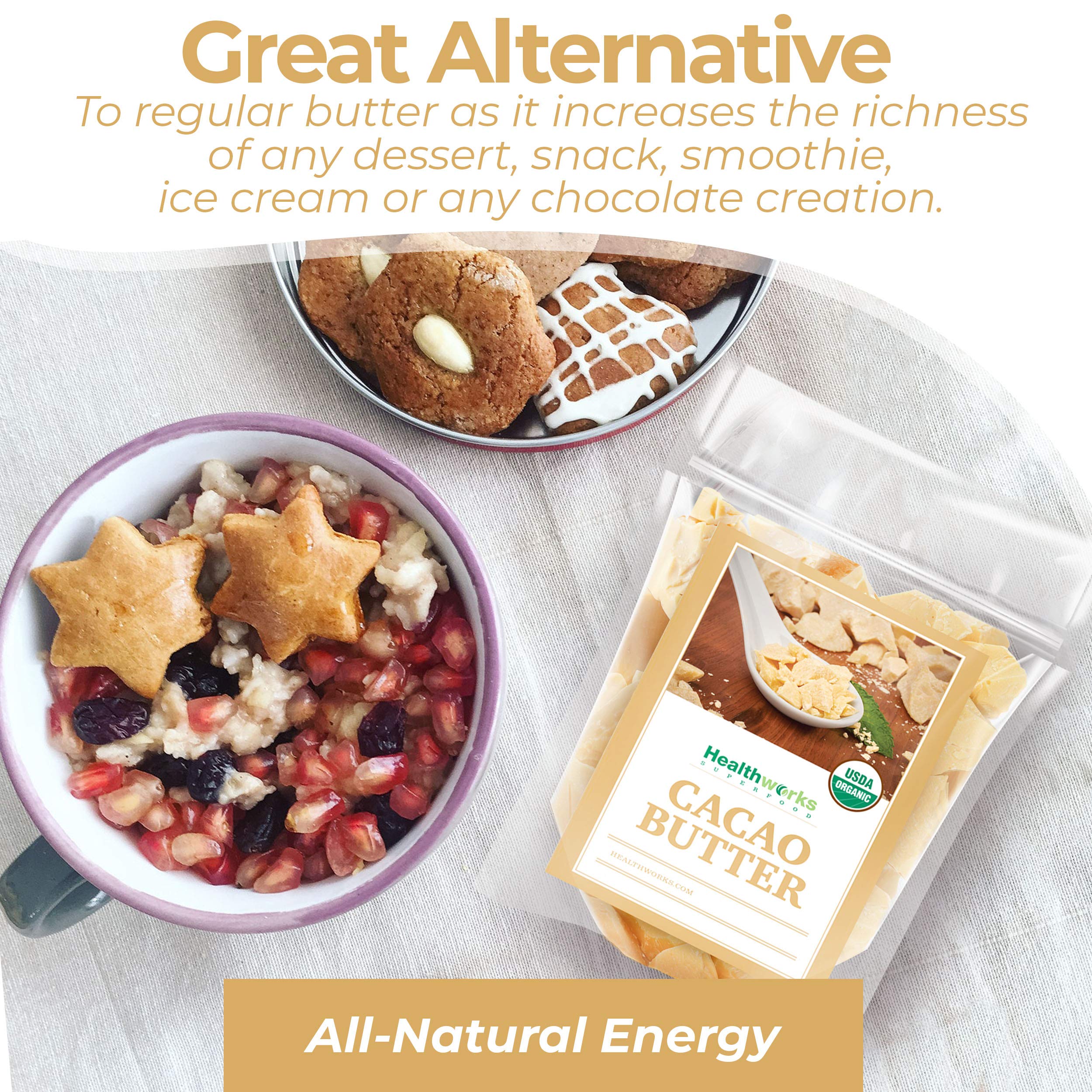Healthworks Cacao Butter Peruvian origin image emphasizes sustainable sourcing.