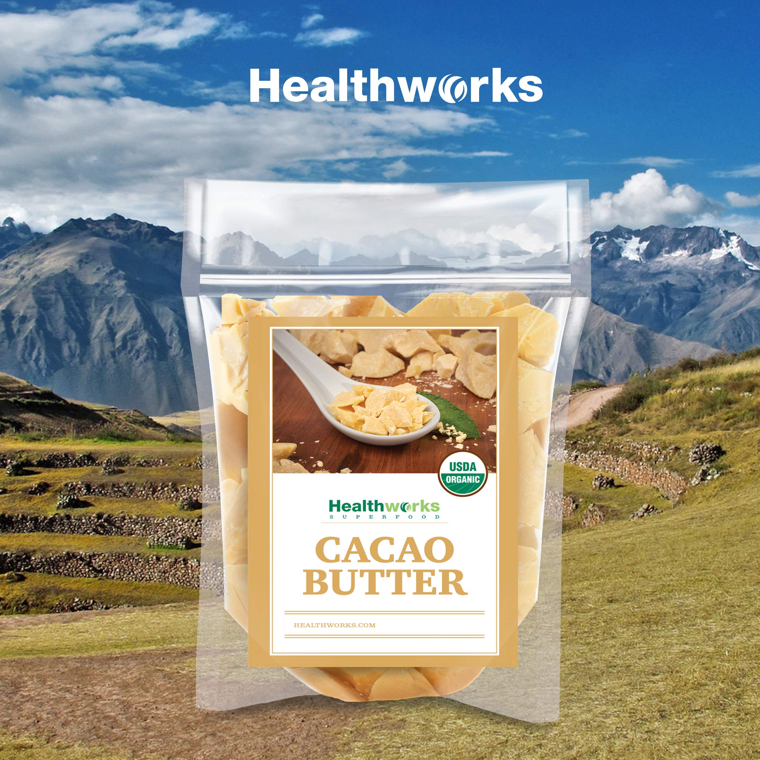 Healthworks Cacao Butter raw-organic display highlights unrefined processing.