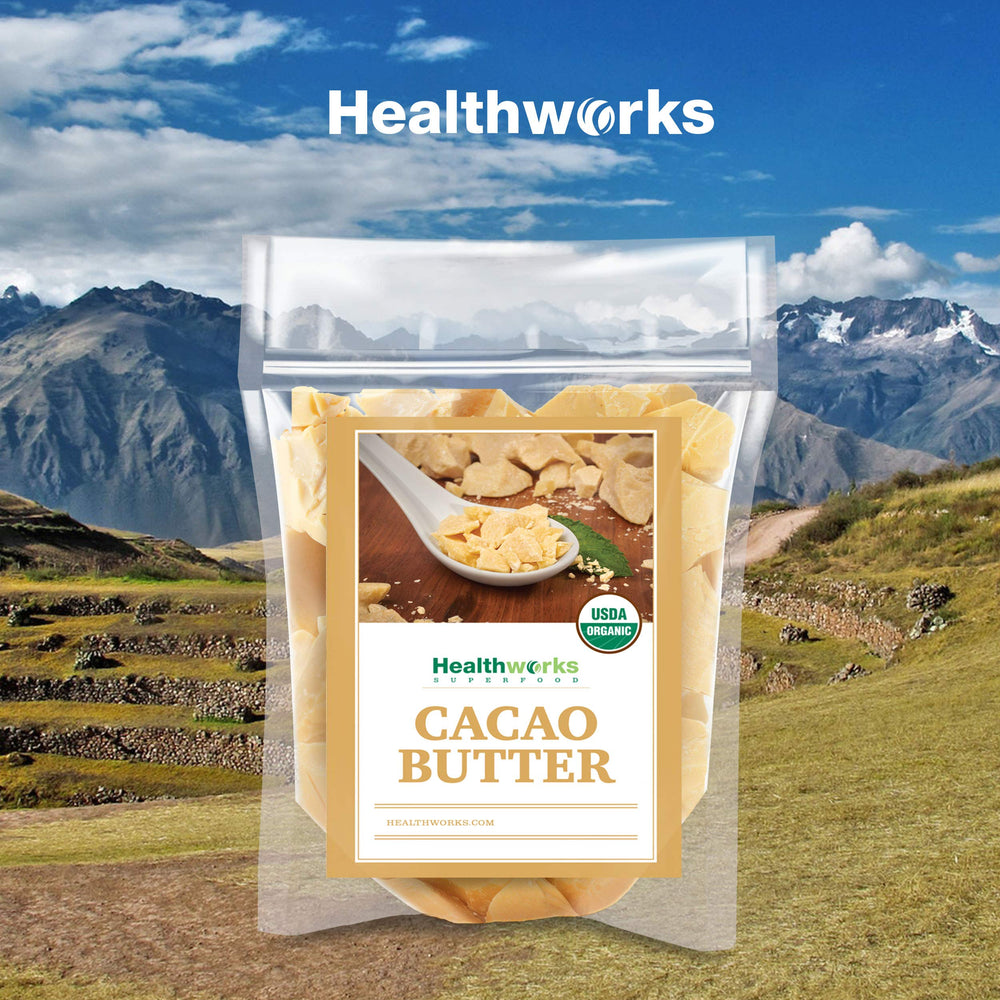Healthworks Cacao Butter raw-organic display highlights unrefined processing.