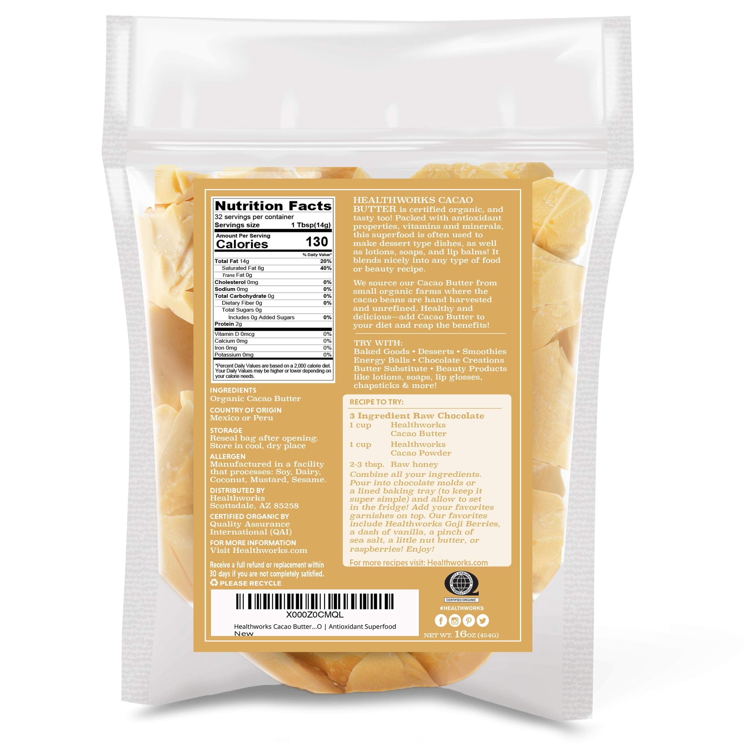 Healthworks Cacao Butter scoop shows creamy texture ideal for chocolate making.