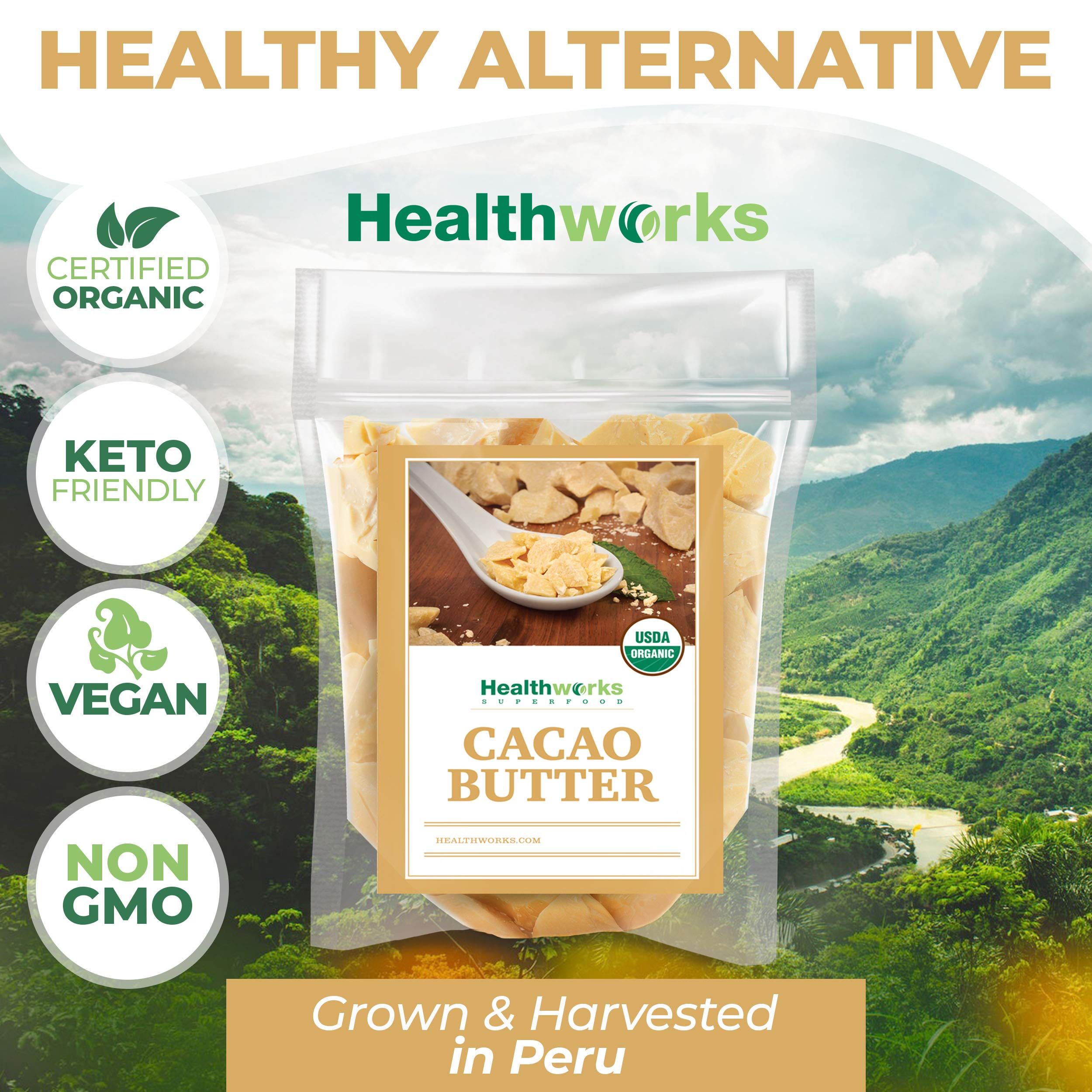 Healthworks Cacao Butter skin-care use shows natural moisturizer option.