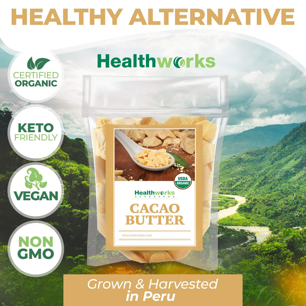 Healthworks Cacao Butter skin-care use shows natural moisturizer option.