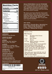 Healthworks Organic Cacao Powder measuring spoon beside bowl for smoothies and baking.