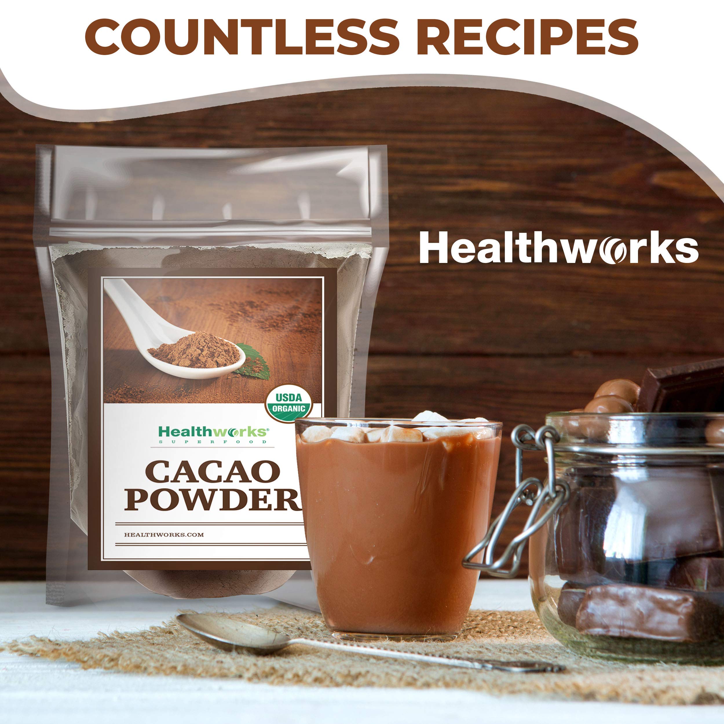 Healthworks Cacao Powder nutrition label close-up emphasizing minerals.