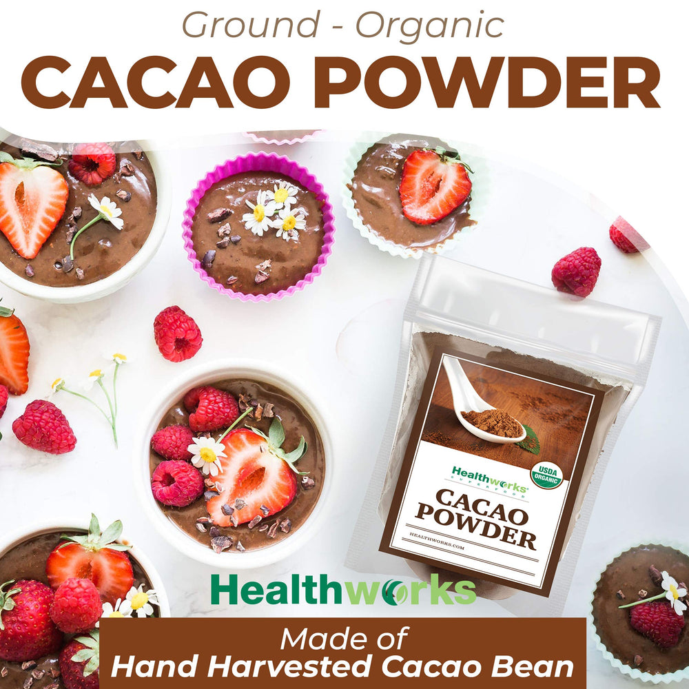 Healthworks Cacao Powder in a pantry jar ready for daily use.