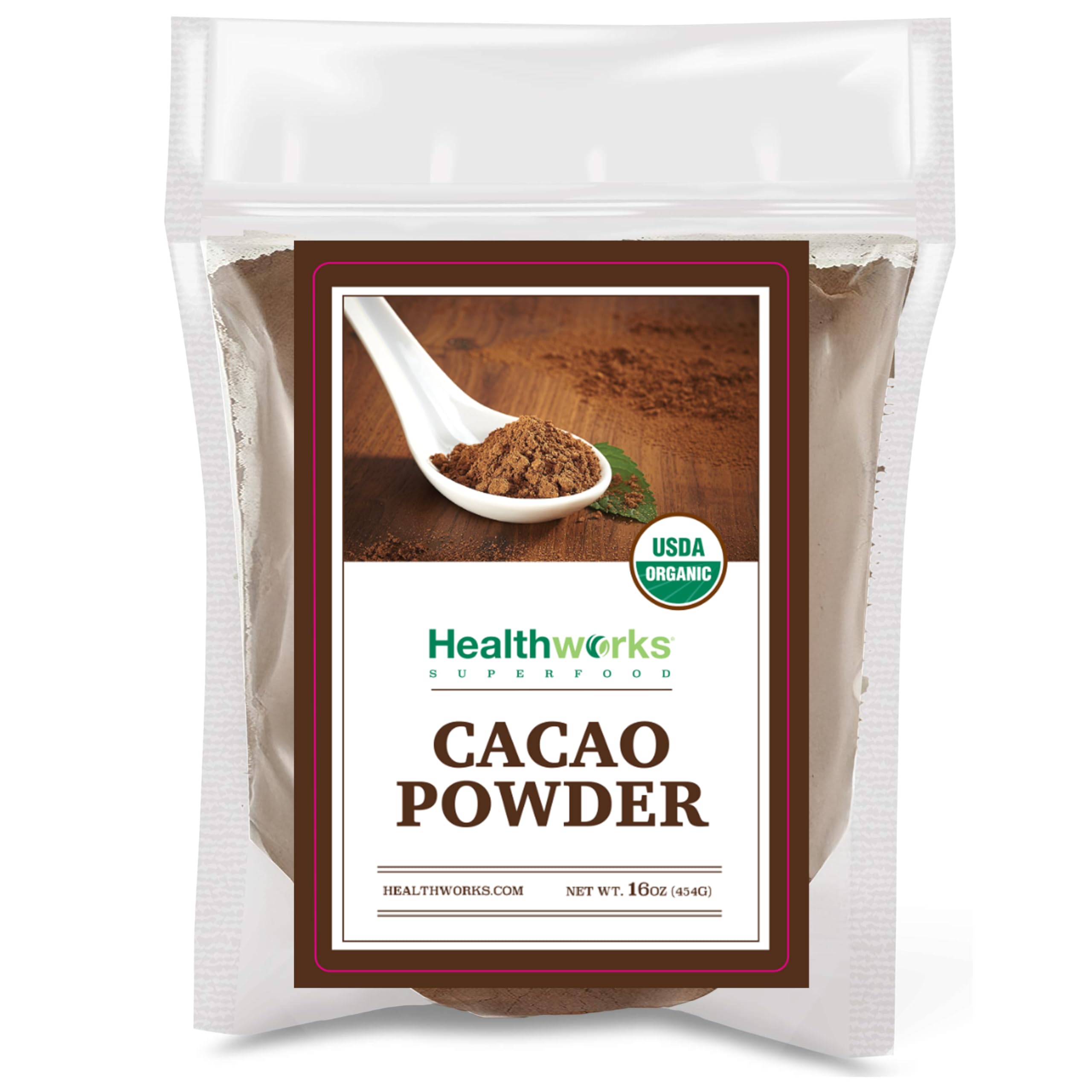 Healthworks Cacao Powder from Peru with rich chocolate flavor for recipes.