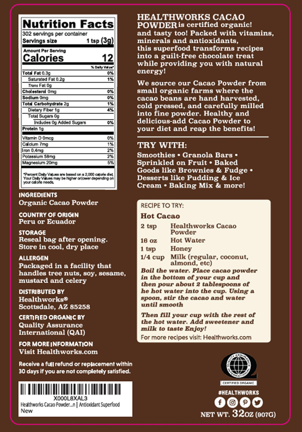 Healthworks Cacao Powder scoop ready for baking and smoothie recipes.
