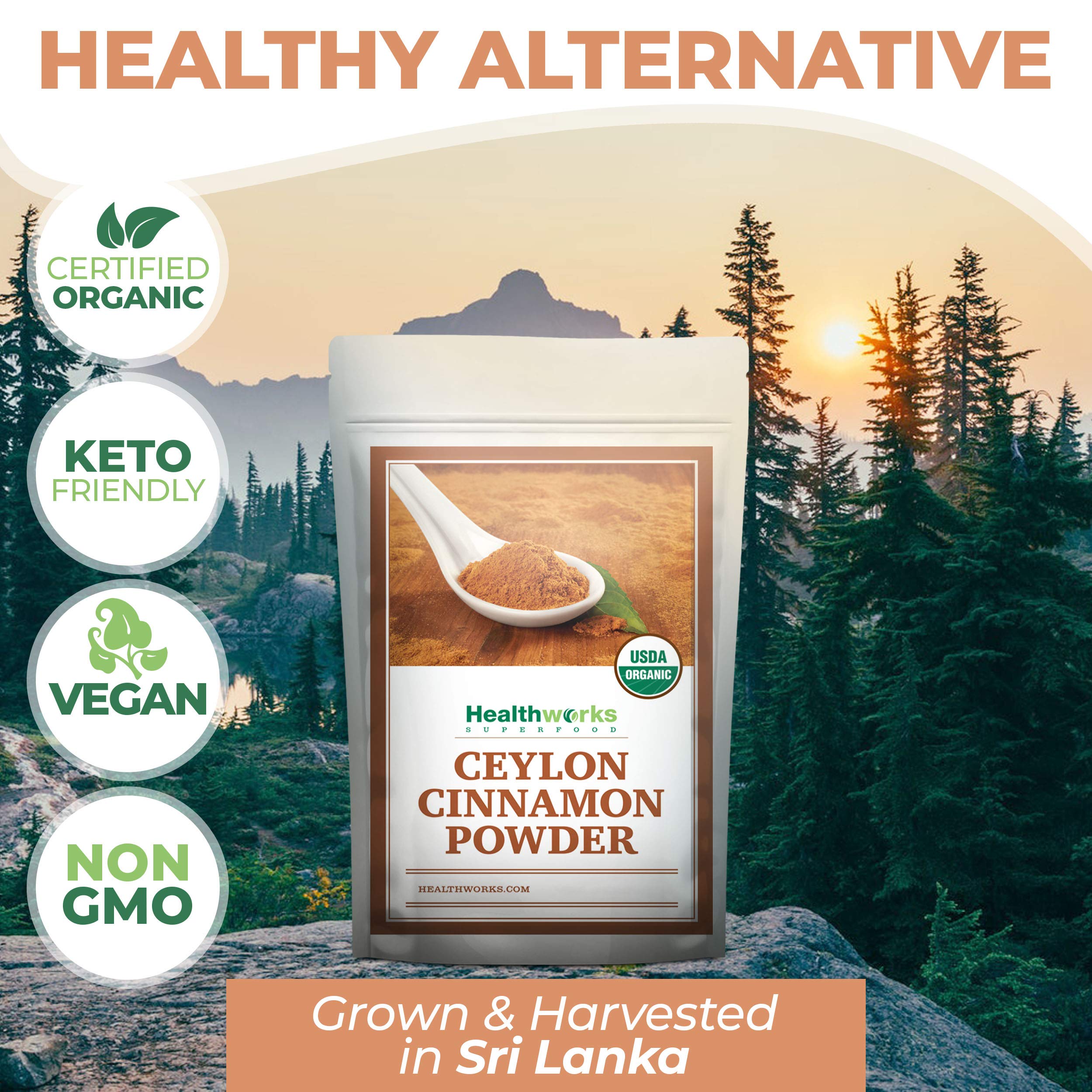 Healthworks Organic Cinnamon Powder in a baking dish for desserts and meals.