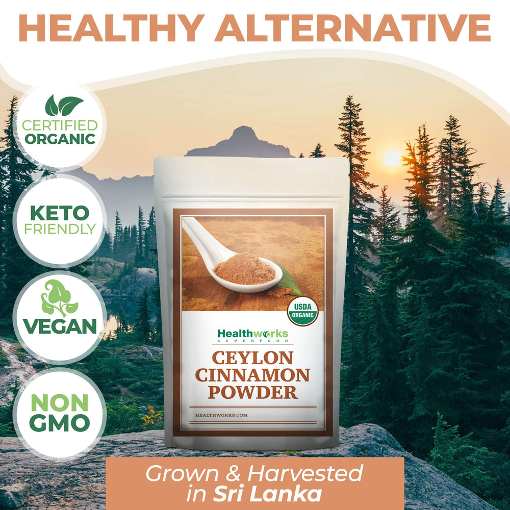 Healthworks Organic Cinnamon Powder in a baking dish for desserts and meals.