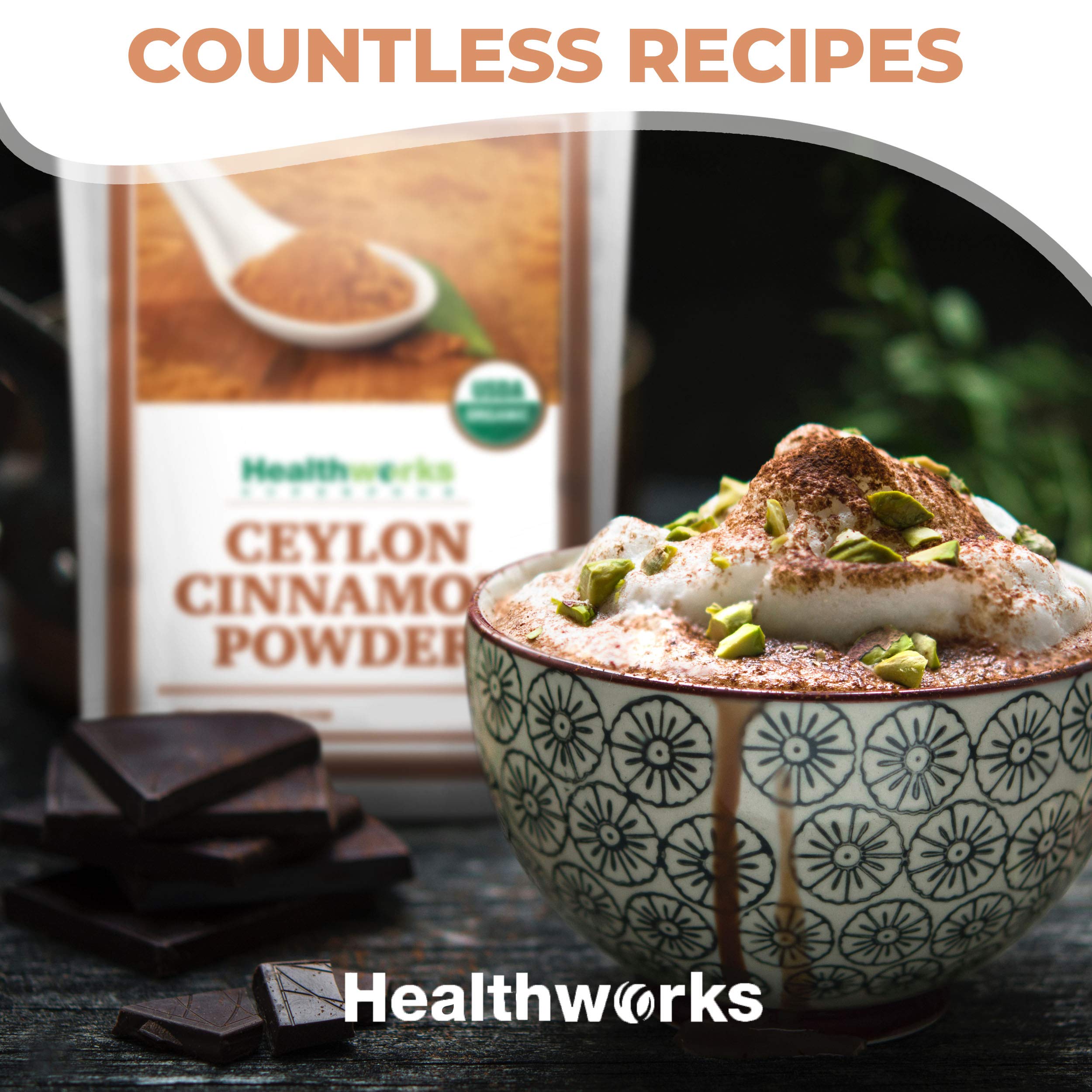 Healthworks Ceylon Cinnamon Powder texture close-up shows fine grind.